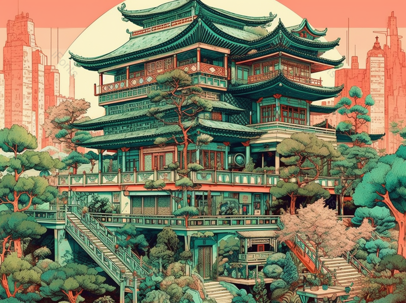 城市中的中国风古典建筑插画背景,插画/手绘图,插画/手绘图库,插画/手绘图下载,插画/手绘